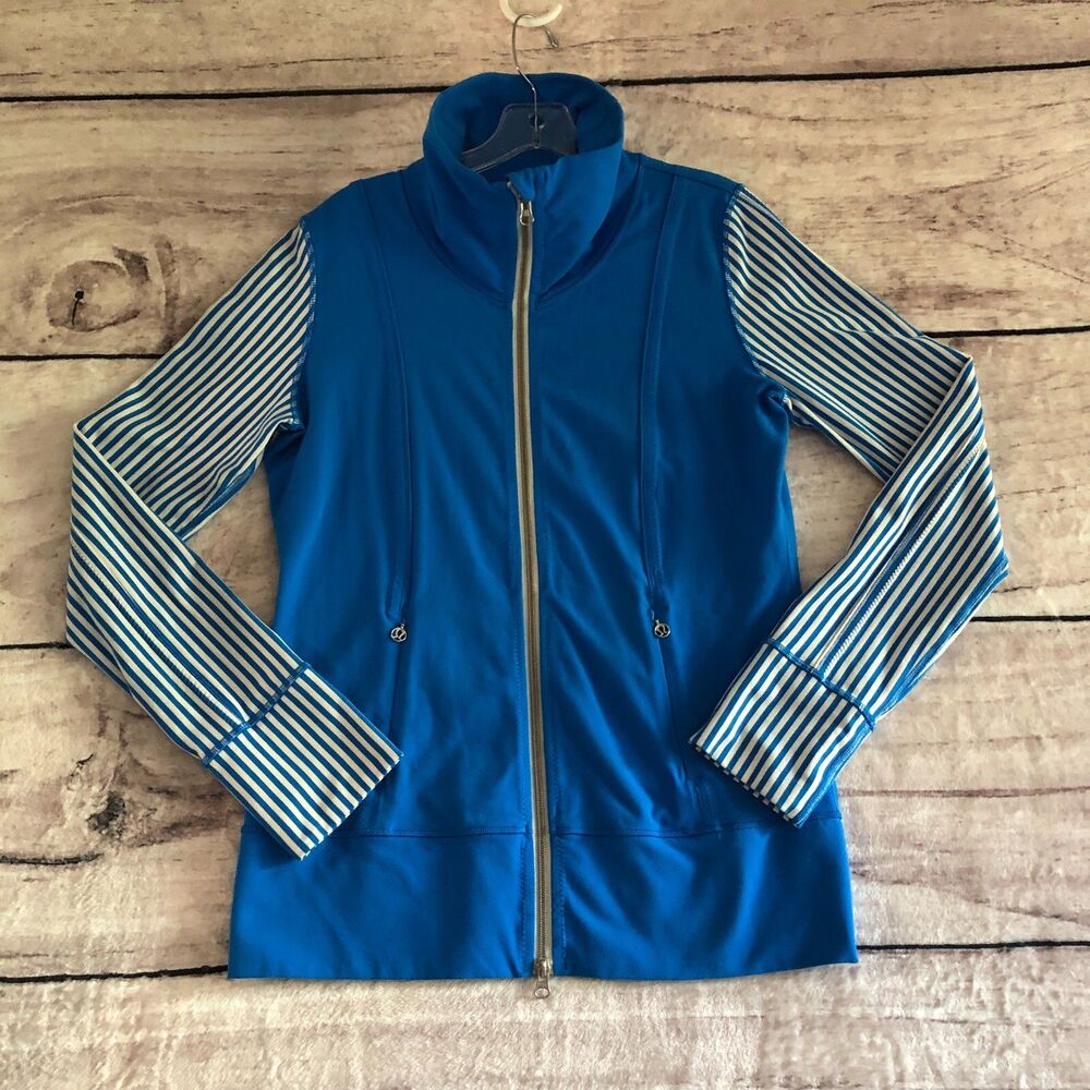 Lululemon Daily Yoga Jacket 8 Womens Beaming Blue White Striped Sleeve Mock Neck